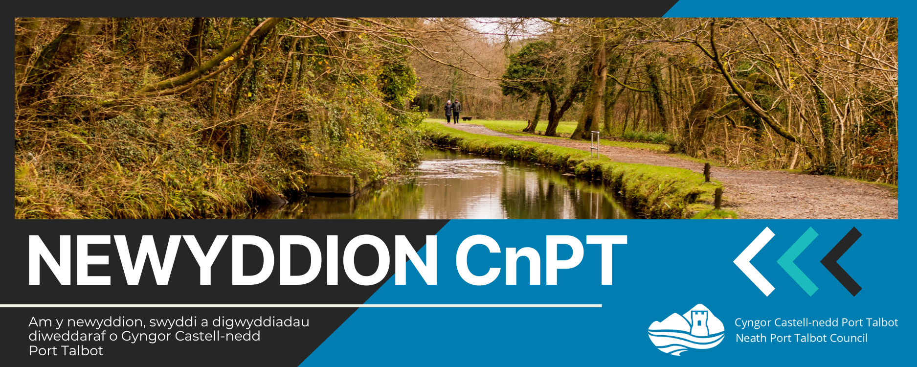 Mae camlas yn rhedeg drwy ardal goedwigol ac yn adlewyrchu&rsquo;r coed a&rsquo;r llystyfiant o&rsquo;i chwmpas. Mae llwybr graean yn dilyn y gamlas ac mae dau berson yn cerdded ar ei hyd ar ddiwrnod braf.