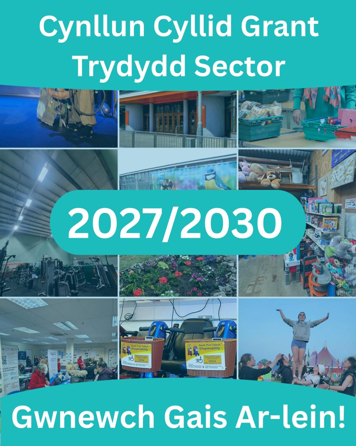 Graffigyn hyrwyddol ar gyfer Cronfa Grant Trydydd Sector Castell-nedd Port Talbot 2027/2030. Mae&rsquo;r ddelwedd yn cynnwys gludwaith o weithgareddau a gwasanaethau cymunedol, gan gynnwys gwirfoddoli, adeiladau cymunedol, cymorth bwyd, cyfleusterau hamdden, garddio, gwasanaethau symudedd, digwyddiadau a siopau elusen, gyda&rsquo;r testun &lsquo;Apply Online&rsquo;.