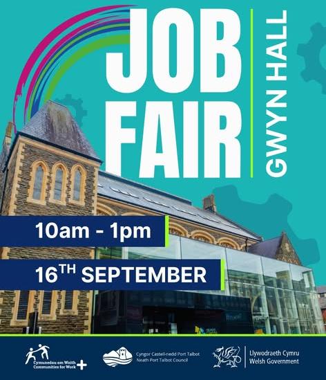 Promotional poster for a jobs fair at Gwyn Hall on 16 September, from 10am to 1pm,