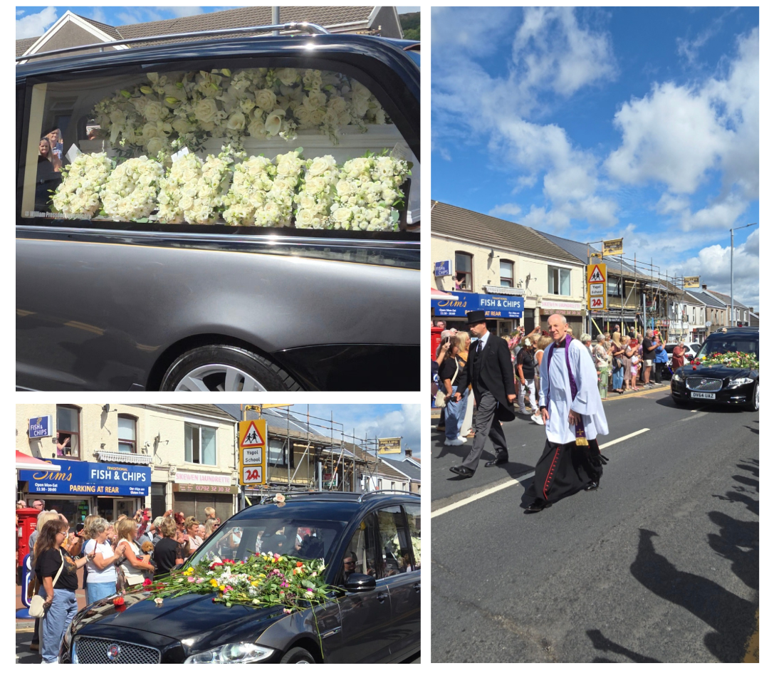 Pictures of Bonnie Tyler's hearse driving through Skewen