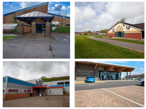 Collage of four community and leisure buildings, showing modern entrances, surrounding pathways, parking areas and open green spaces