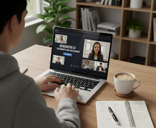 Person sitting at a wooden desk participating in an online webinar on a laptop. The screen shows a video conference with multiple participants and a presentation titled 'Generative AI for Growth and Development'. A notebook with handwritten notes and a pen are placed beside the laptop, along with a cup of coffee on a saucer. Bookshelves with decorative items are visible in the background.