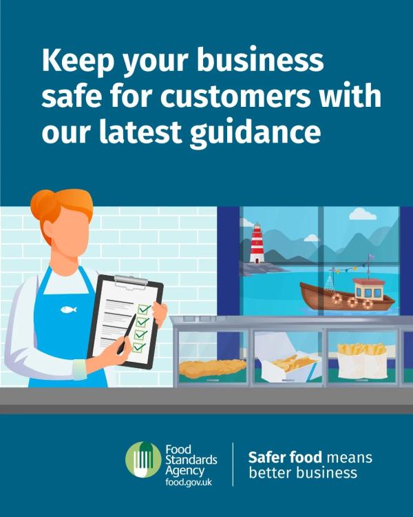 An illustration of a food service worker completing a successful food safety checklist (marked with green ticks), emphasising compliance with Food Standards Agency guidance for a safer and better business.
