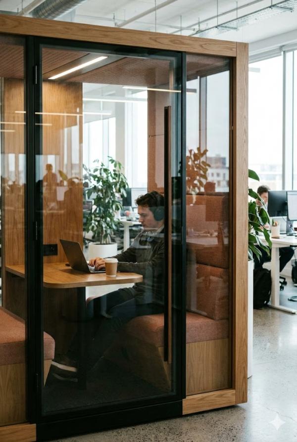 Modern office setting with a wooden and glass acoustic booth containing a person working on a laptop at a small table with a takeaway coffee cup. The booth is surrounded by open-plan desks, office chairs, and green plants near large windows providing natural light.