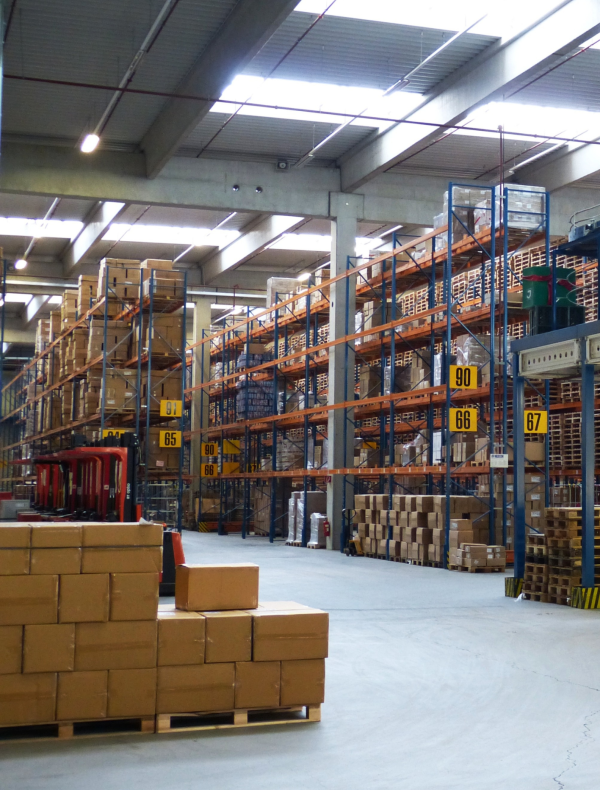 Interior of a large warehouse with tall metal shelving units stacked with numerous cardboard boxes. Additional boxes are arranged on wooden pallets in the foreground. The space has high ceilings with skylights and industrial lighting.