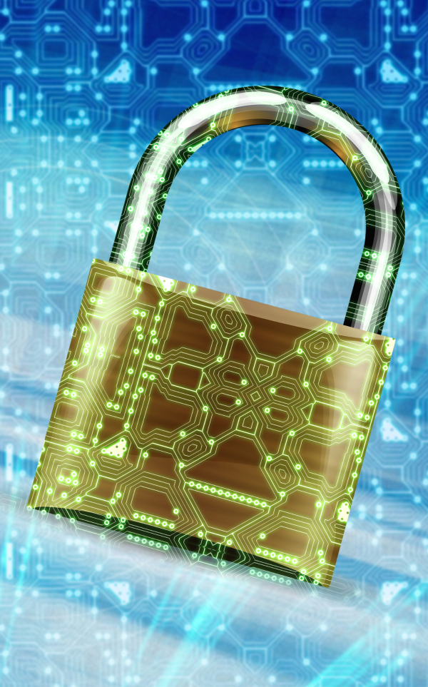 Digital illustration of a padlock with a glowing green circuit board design, symbolising cybersecurity or data protection. The background features abstract blue circuitry patterns.