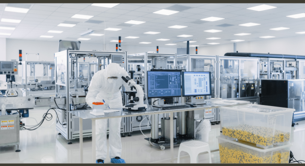 Person in full protective suit working in a cleanroom laboratory, examining samples under a microscope at a workstation with computer monitors; large industrial equipment and containers of materials are visible in the background.