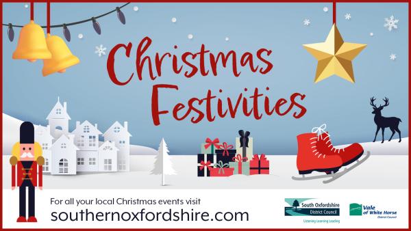A festive promotion poster for the Visit Southern Oxfordshire website's Christmas page, decorated with classic Christmas imagery, including a nutcracker, golden decorations and a red ice skate.