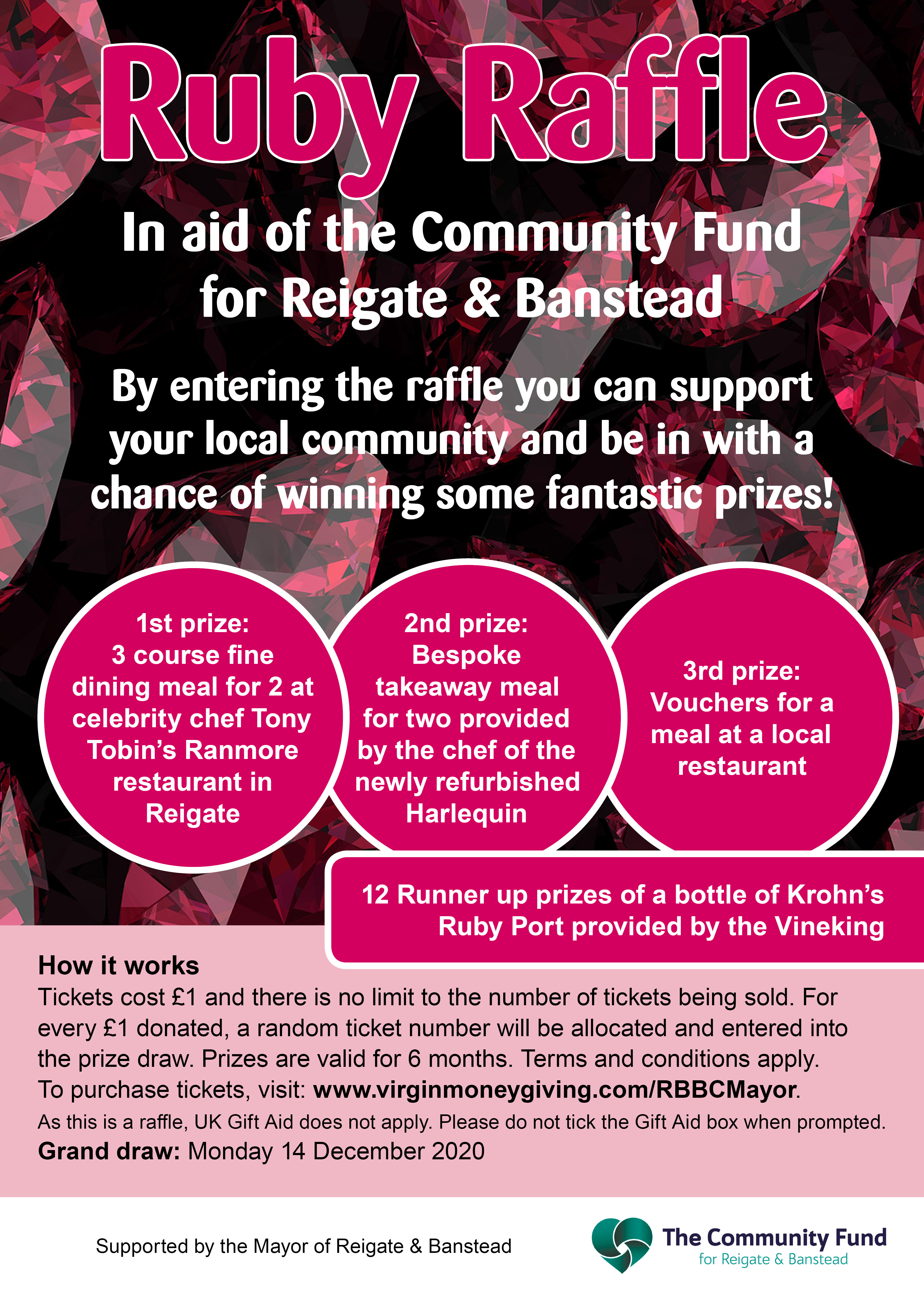A poster publicising the Mayor of Reigate and Banstead's raffle to raise funds for the Reigate and Banstead Community Fund. Click the poster to visit the Mayor's Virgin Money Giving page.
