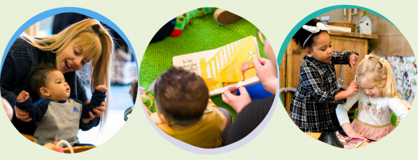 Mother and son, toddler reading, two little girls playing together