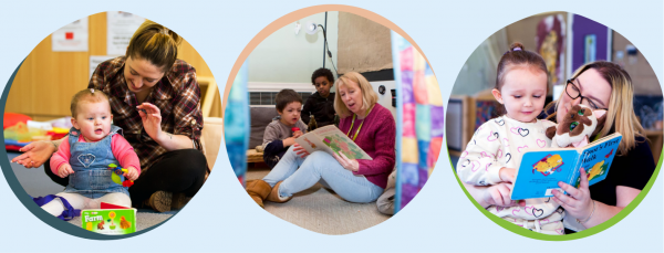 Mother and baby, adult reading to two children, and mother and daughter reading