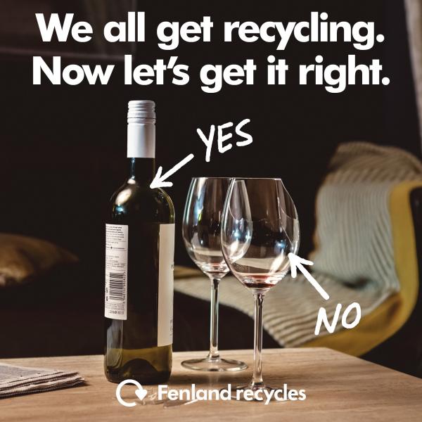 Picture shows bottles can be recycled but drinking glasses cannot