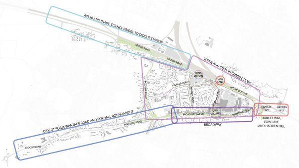 Image of the three routes in Didcot with the different zones out for consultation