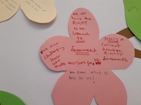 A pink cut-out flower with handwritten words ‘we all have the right to be listened to, Empowerment we know what is best for us, we are challenging those who make decisions for us, passing on correct knowledge, rights, Entitlements.