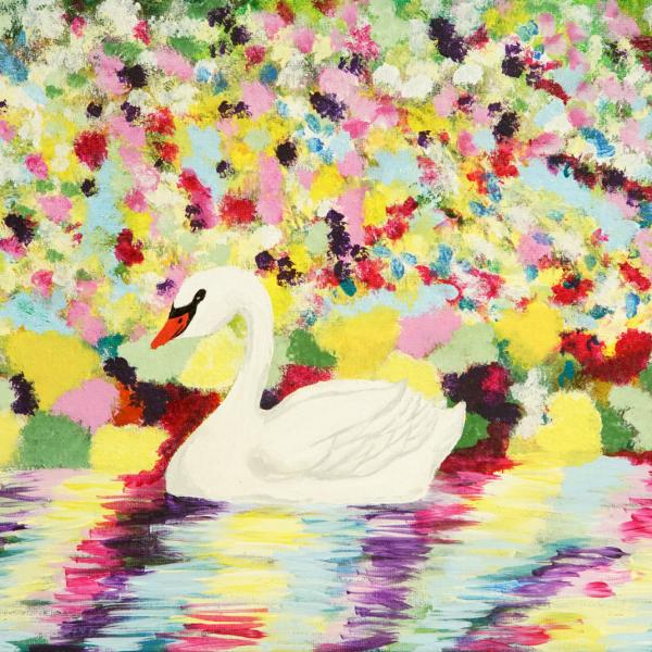 A painting of a swan swimming on multicoloured water against a multicoloured background