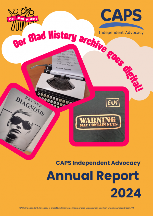 The front cover of the CAPS annual report featuring images from the Oor Mad History archive, the CAPS logo and the words 'Oor Mad History archive goes digital Annual Report 2024'