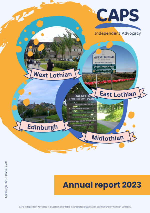 Front cover of the CAPS annual report featuring four images representing the regions of Edinburgh and the Lothians.