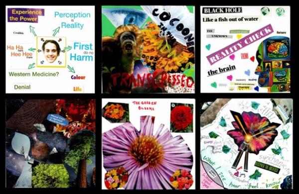 A grid of 6 artworks made of collages images and words.