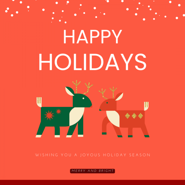 two reindeer with the words 'happy holidays, wishing you a joyous holiday season, merry and bright