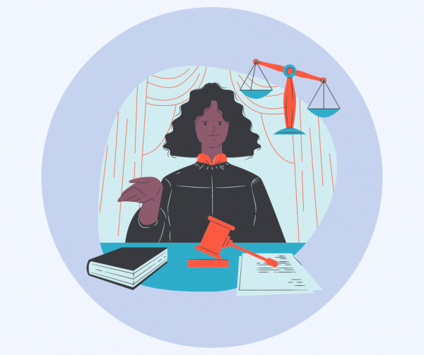 A graphic of a judge with gavel and scales.