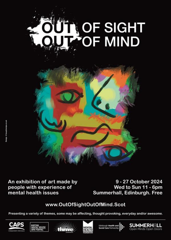 The Out of Sight Out of Mind exhibition poster, with a multicoloured shape with the shapes of the facial features over the top in different positions.