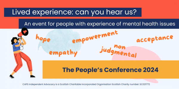 Lived experience: can you hear us? hope acceptance empowerment empathy non judgmental 'no-one if voiceless, only unheard' - Anastacia Ryan, The People's conference 2024 with graphic of a person with megaphone