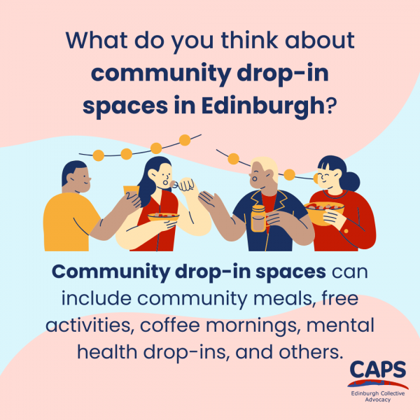 ‘What do you think about community drop-in spaces in Edinburgh? Community drop-in spaces can include community meals, free activities, coffee mornings, mental health drop-ins, and others.’ With the CAPS Edinburgh Collective Advocacy logo and a graphic of people eating and drinking.