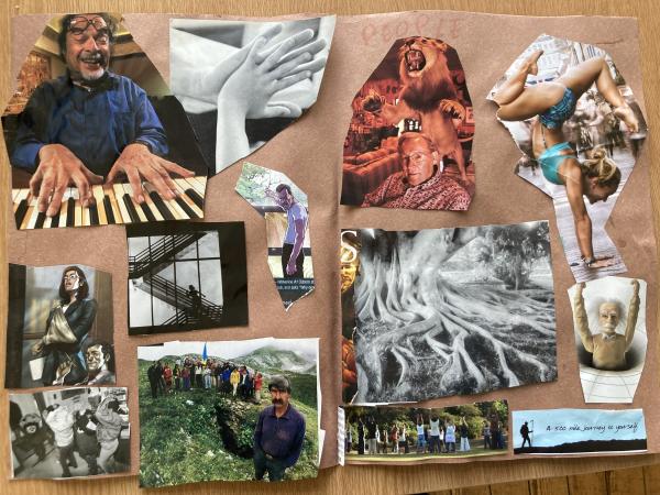 An artwork made by CAPS' Experiences of Trauma group who are working on the film. Made of images cut from magazines including a man playing a piano, a roaring lion, an acrobat, two hands and more.