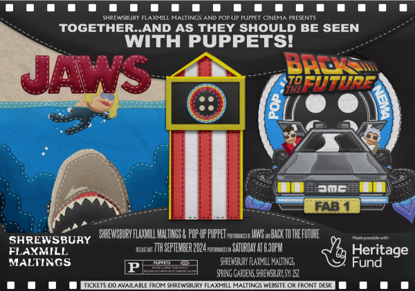 A film style poster, it looks like it has been hand sewn from felt. On the right is the Back to The Future logo and a flying Delorean with Marty and Doc Brown inside. On the left is the Jaws logo, with a large shark beneath.