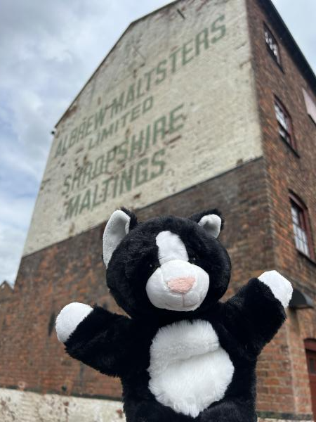 A black and white cat puppet in front of a multi storey brick building