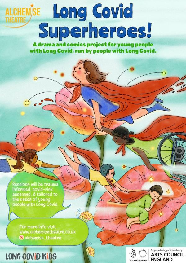 Event poster, with an illustration of children wearing superhero capes flying around giant flowers