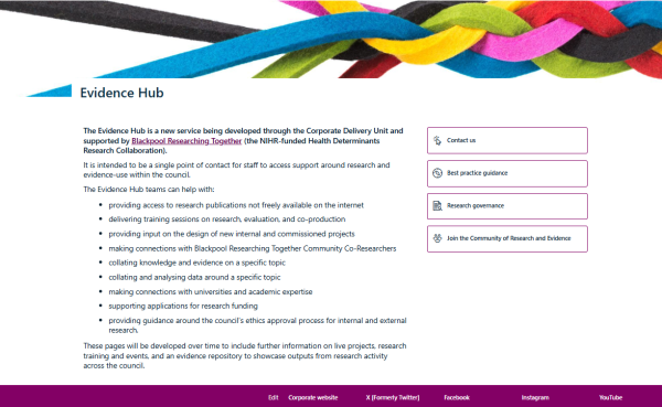 Screenshot of an Evidence Hub webpage. The page is mainly text describing the evidence hub with an image of a plait made up of brightly coloured strings. 