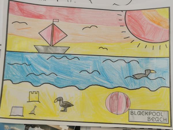 Brightly coloured drawing of Blackpool beach featuring the sand, sea, sun, a boat and seagulls.