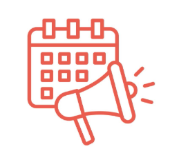 Orange drawing outline of calendar and megaphone.