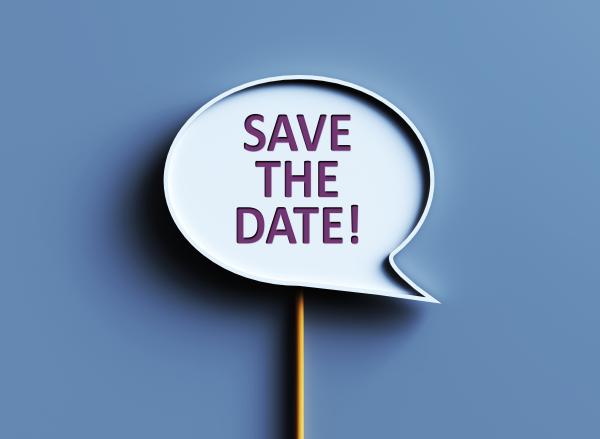Blue background with save the date inside a speech bubble.