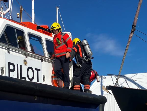 Crews on board the pilot boat at Crab Marsh Boat Yard in Wisbech