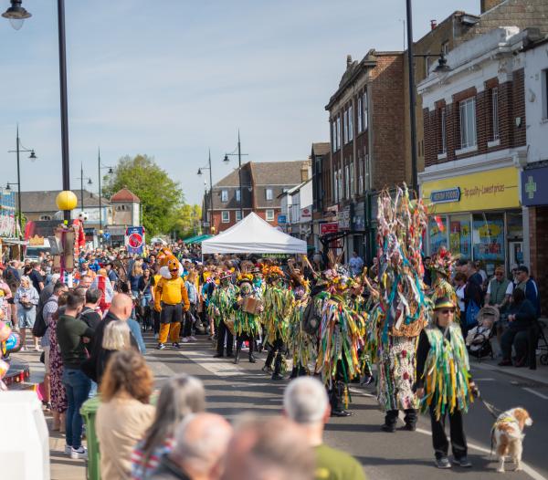 Parade and crowds at St George's Fayre 2026, in March town