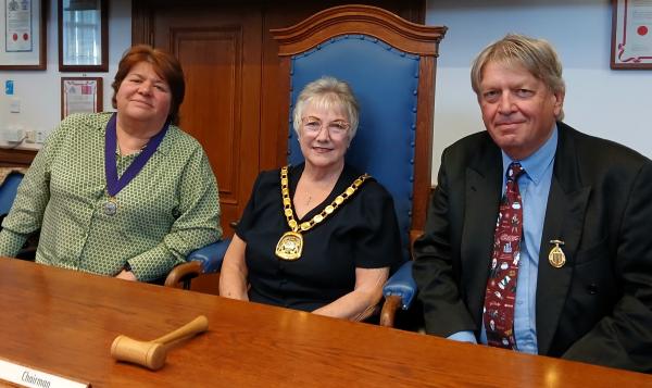 New Fenland District Council Chairman, Cllr Brenda Barber (centre) with new Vice Chair, Cllr Sam Clark (left) and outgoing Chairman, Cllr Nick Meekins (right).