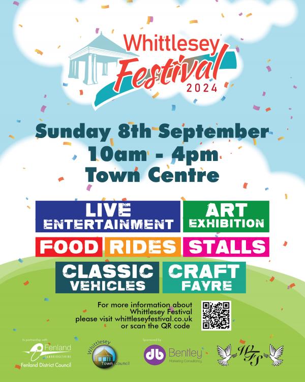 Whittlesey Festival poster. Text reads: Sunday 8th September, 10am - 4pm, town centre, live entertainment, art exhibition, food, rides, stalls, classic vehicles, craft fayre