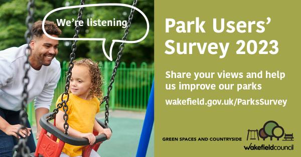 image of adult pushing child on swing with the words we're listening, next to the words parks users survey 2023, share your views and help us improve our parks, on a green background 