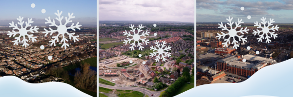 Three aerial shots of houses with snowflake graphics superimposed on top