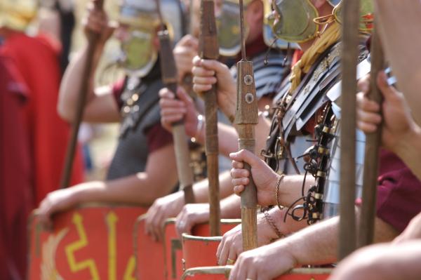 A photo of Roman soldiers with spears and shields