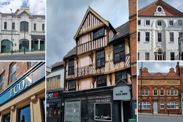 A collage of photos of five historic buildings