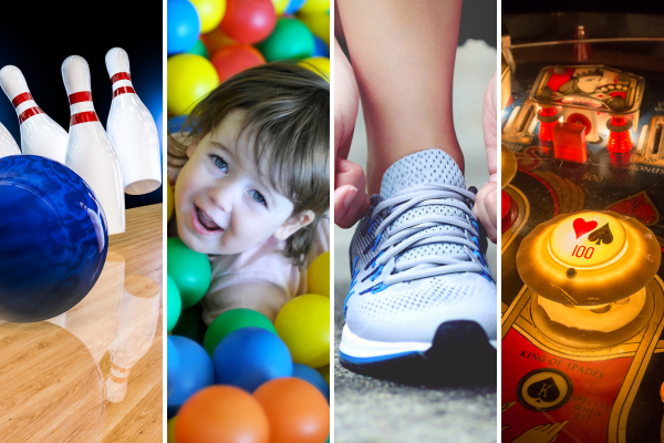 A collage featuring a bowling ball striking some bowling pins, a child in a ball pit, a running shoe and a pinball machine