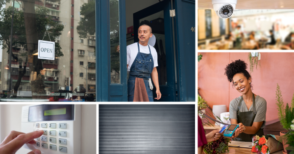 A collage of photos including a shop owner next to an Open sign on his shop front, a CCTV camera within a shop, a burglar alarm being activated, a shop shutter and a shop owner taking a card payment