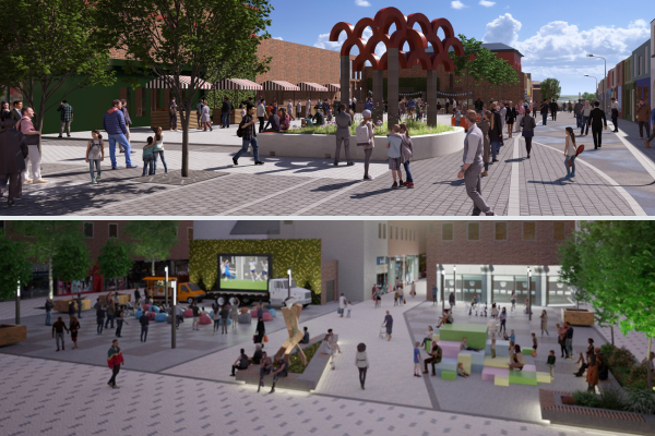 An artist's impression of what Henry Moore Square in Castleford might look like above an artist's impression of what Cathedral Square in Wakefield city centre might look like