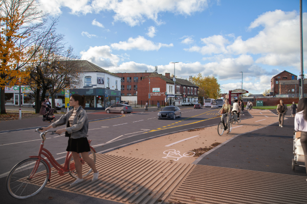 An artist's impression of people cycling using bicycle lanes on Savile Road in Castleford