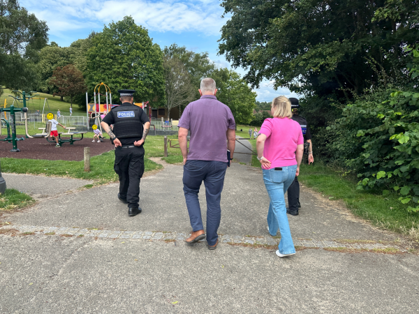 Police and Crime Commissioner Lisa Townsend accompanies a police patrol in a popular park near Frimley