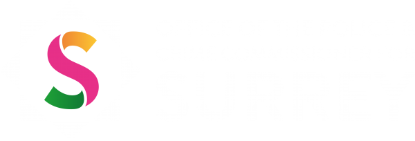Logo of the Office of the Police and Crime Commissioner for Surrey. S shape inside police style crest with blue styling and pink, yellow and green highlights