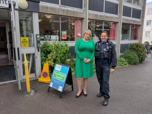 Police and Crime Commissioner Lisa Townsend with local Dorking PCSO Penny as they stand outside the Christian Centre Cafe near the high street.